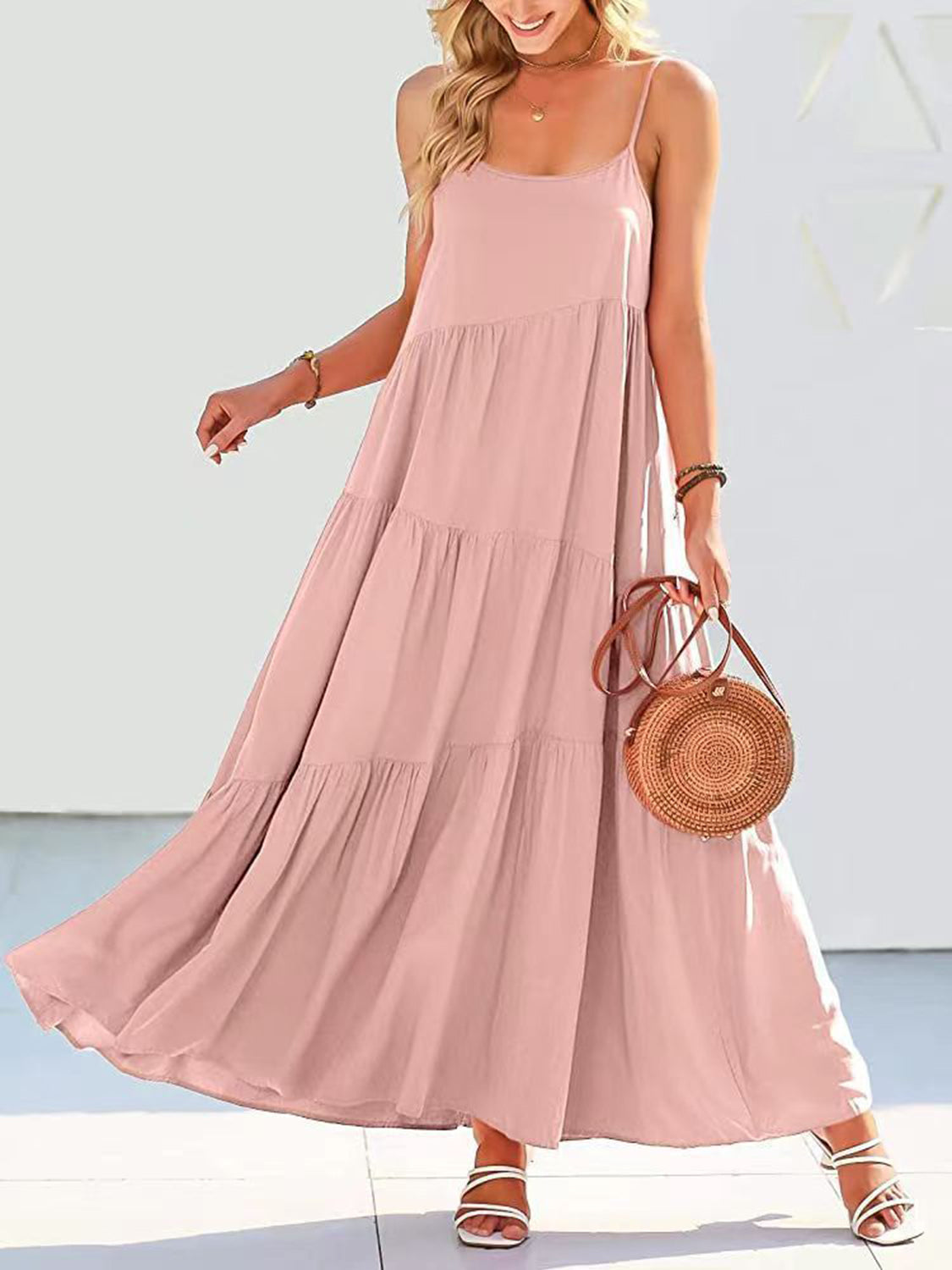 Full Size Ruched Tiered Spaghetti Strap Dress - store name